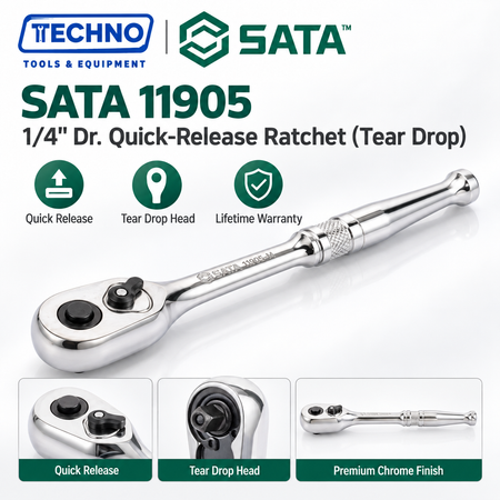 SATA 1/4" Dr. quick-release ratchet, tear drop head. Chrome vanadium steel, one-hand direction switch, easy socket release. Shop now.