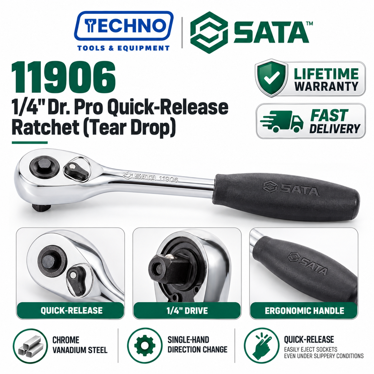 SATA11906 1/4" Dr. Pro quick-release ratchet, tear drop head. Chrome vanadium steel, one-hand direction switch, easy release. Shop now.
