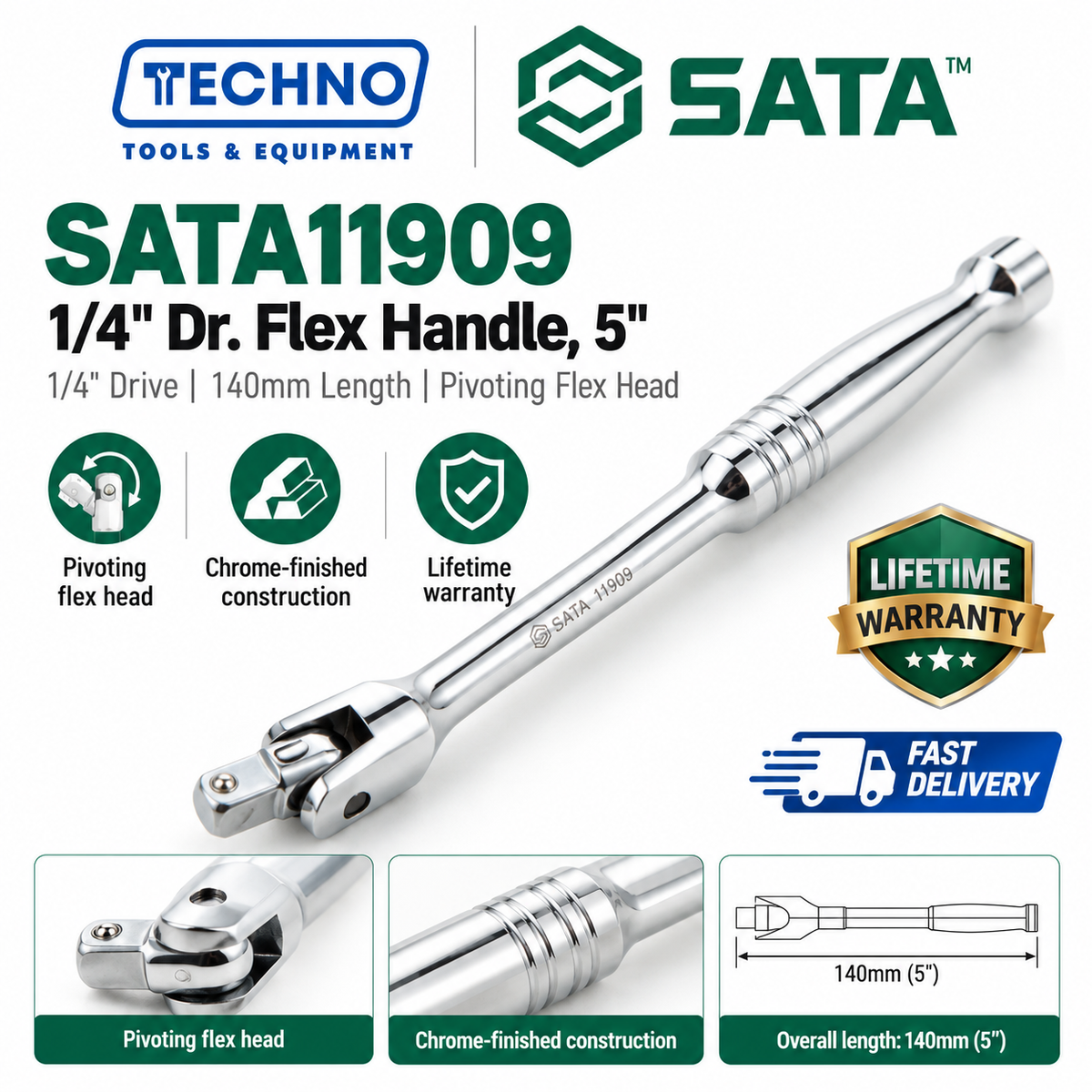 SATA11909 1/4" Dr. flex handle, 5" length. Pivoting head reaches tight, angled spots standard handles can't. Lifetime warranty.