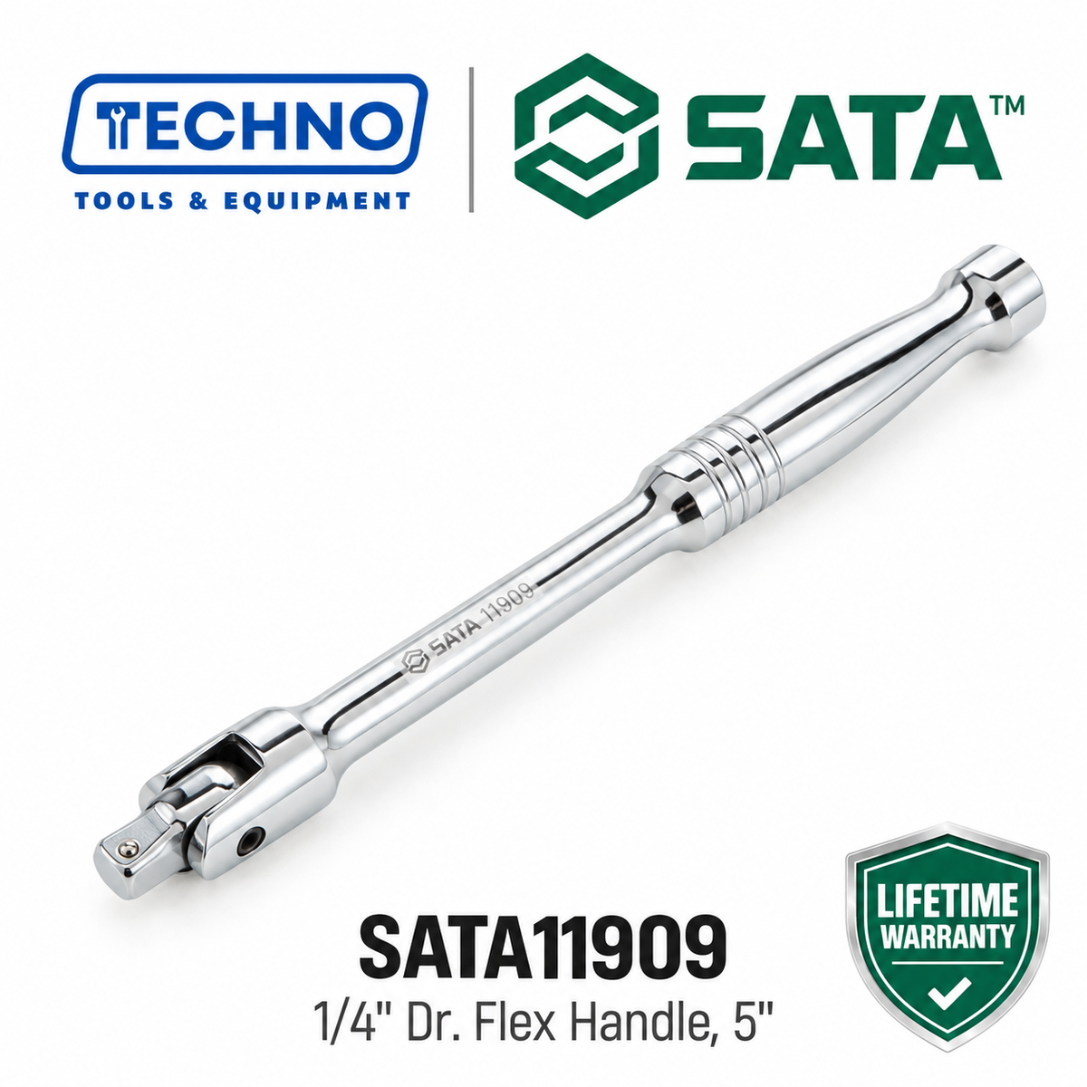 SATA11909 1/4" Dr. flex handle, 5" length. Pivoting head reaches tight, angled spots standard handles can't. Lifetime warranty.