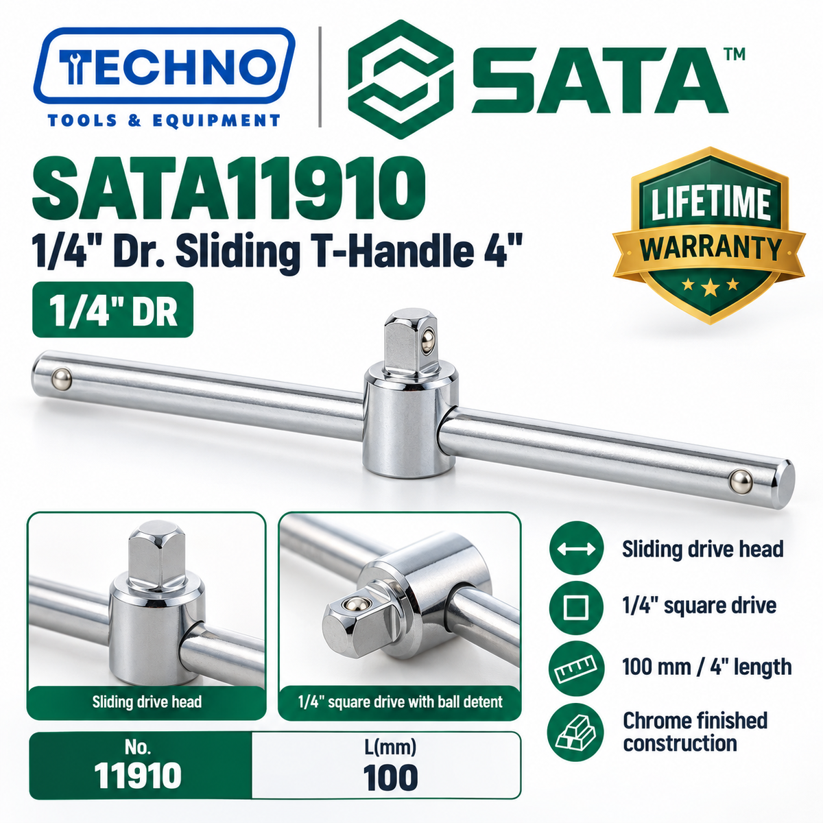 SATA11910 1/4" Dr. sliding T-handle, 4" length. Slides to a T or L shape for flexible leverage and access. Lifetime warranty.