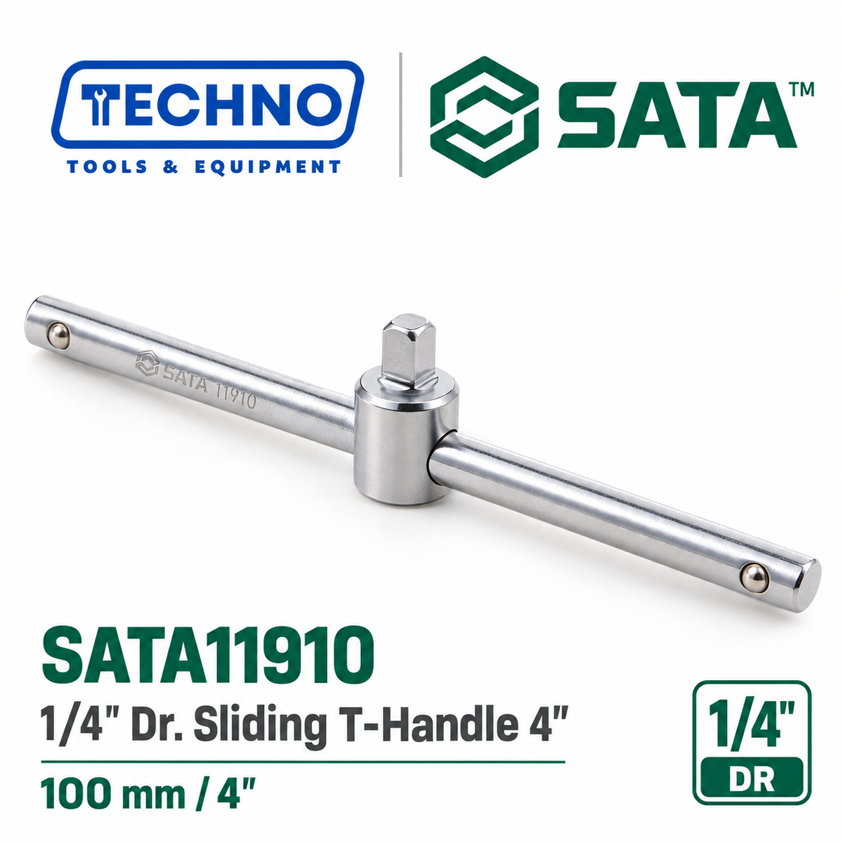 SATA11910 1/4" Dr. sliding T-handle, 4" length. Slides to a T or L shape for flexible leverage and access. Lifetime warranty.