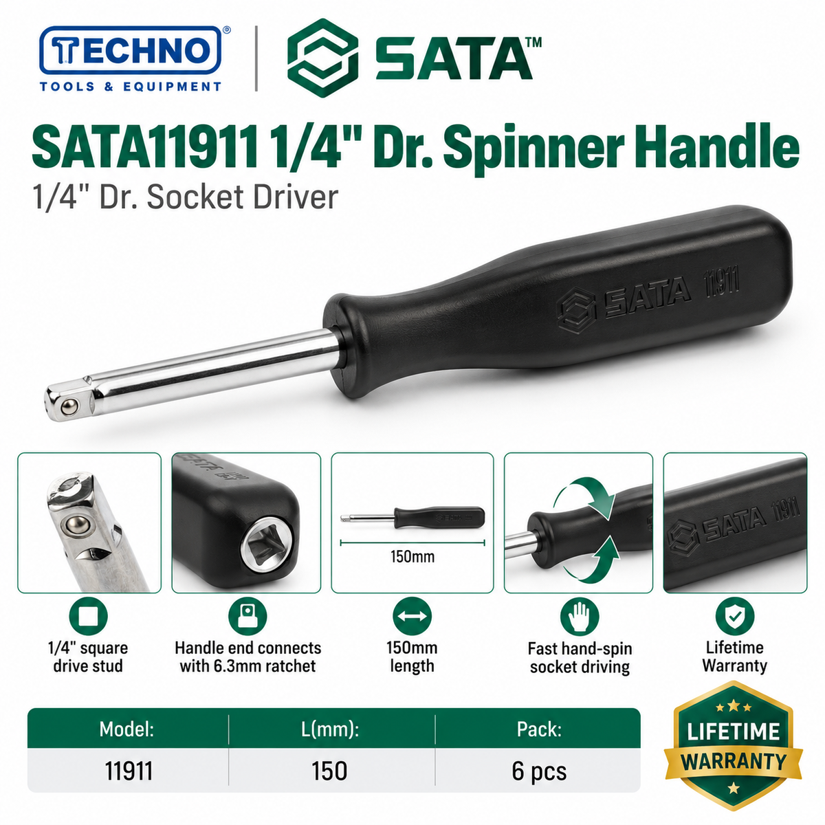 SATA11911 1/4" Dr. spinner handle, 150mm. Fast hand-spin socket driver, connects to a 6.3mm ratchet for final torque. Lifetime warranty.