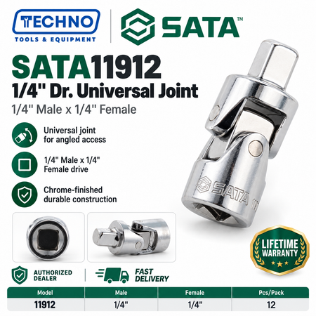 SATA11912 1/4" Dr. universal joint, 1/4" male x 1/4" female. Turns fasteners at an angle where straight tools can't reach.