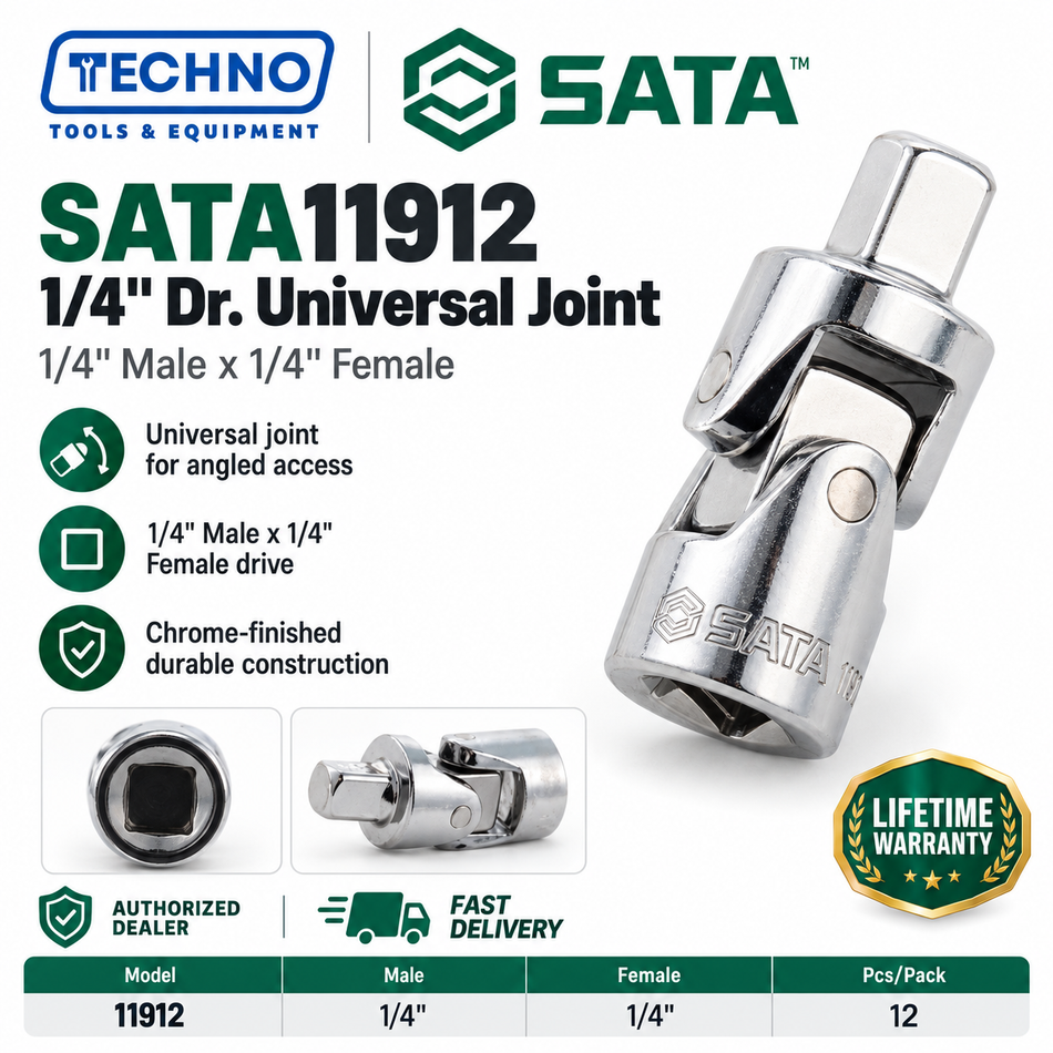 SATA11912 1/4" Dr. universal joint, 1/4" male x 1/4" female. Turns fasteners at an angle where straight tools can't reach.