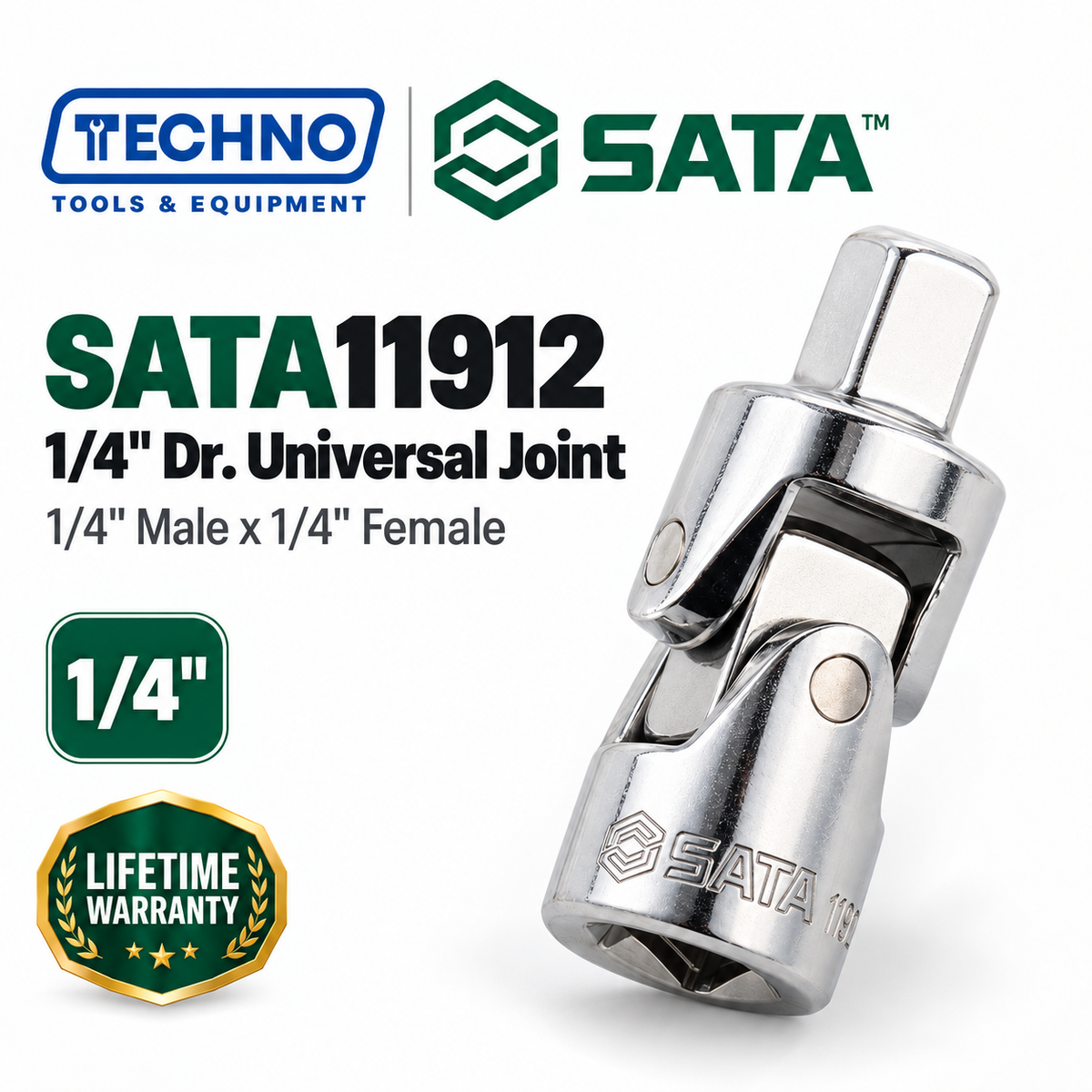 SATA11912 1/4" Dr. universal joint, 1/4" male x 1/4" female. Turns fasteners at an angle where straight tools can't reach.