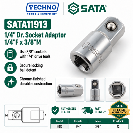 SATA11913 1/4" Dr. adapter, 1/4"F x 3/8"M. Drive 3/8" sockets with your 1/4" drive ratchet or extension. Lifetime warranty.