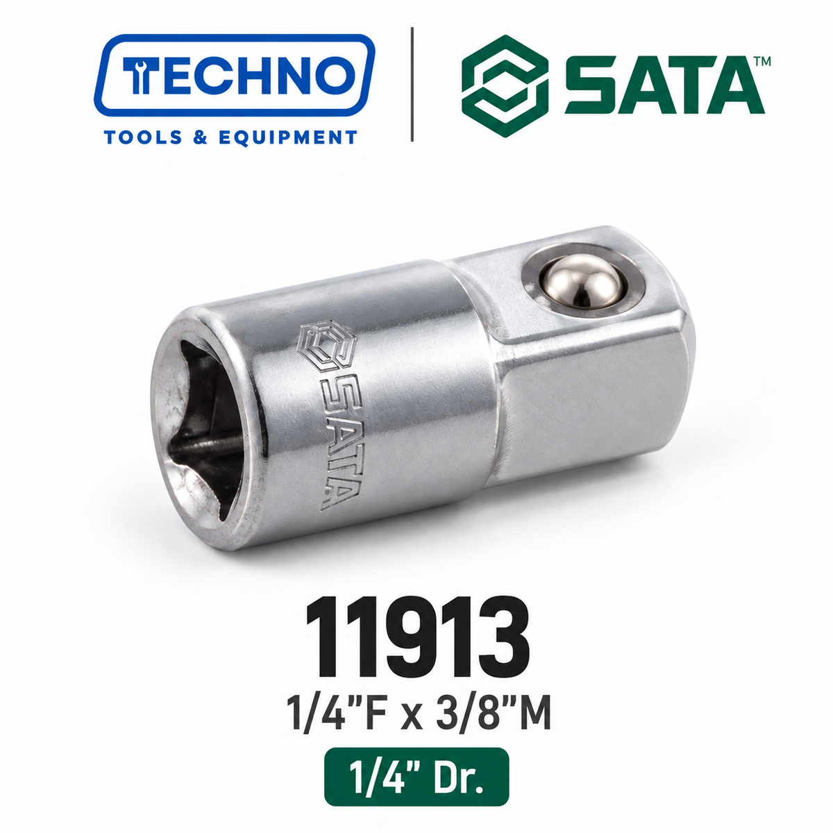SATA11913 1/4" Dr. adapter, 1/4"F x 3/8"M. Drive 3/8" sockets with your 1/4" drive ratchet or extension. Lifetime warranty.