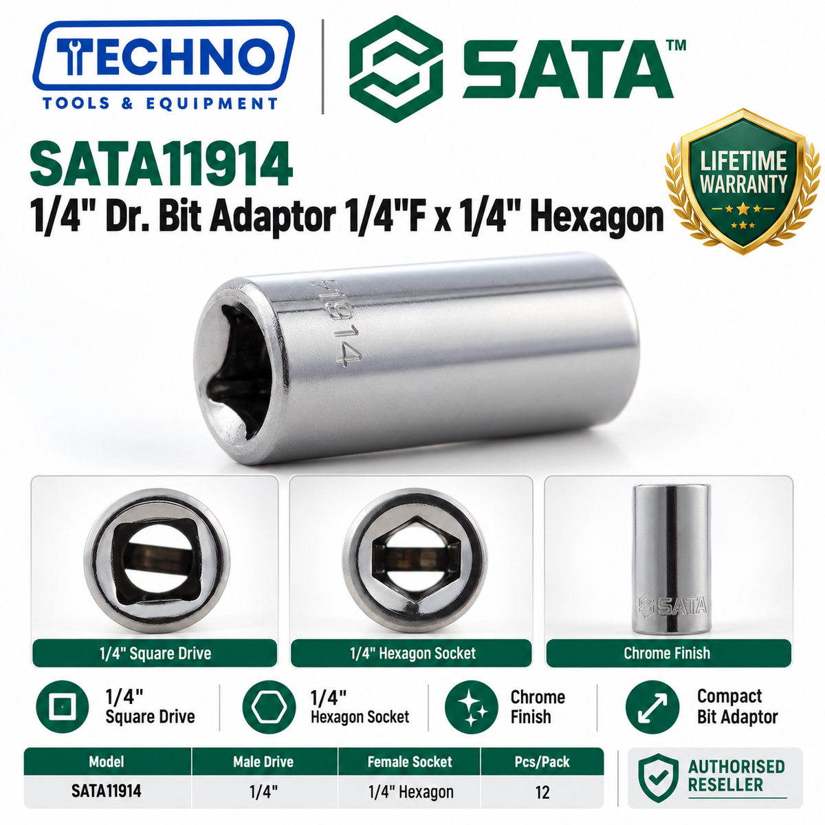 SATA11914 1/4" Dr. bit coupler, 1/4"F x 1/4" hexagon shank. Use standard hex bits with your 1/4" drive ratchet. Lifetime warranty.