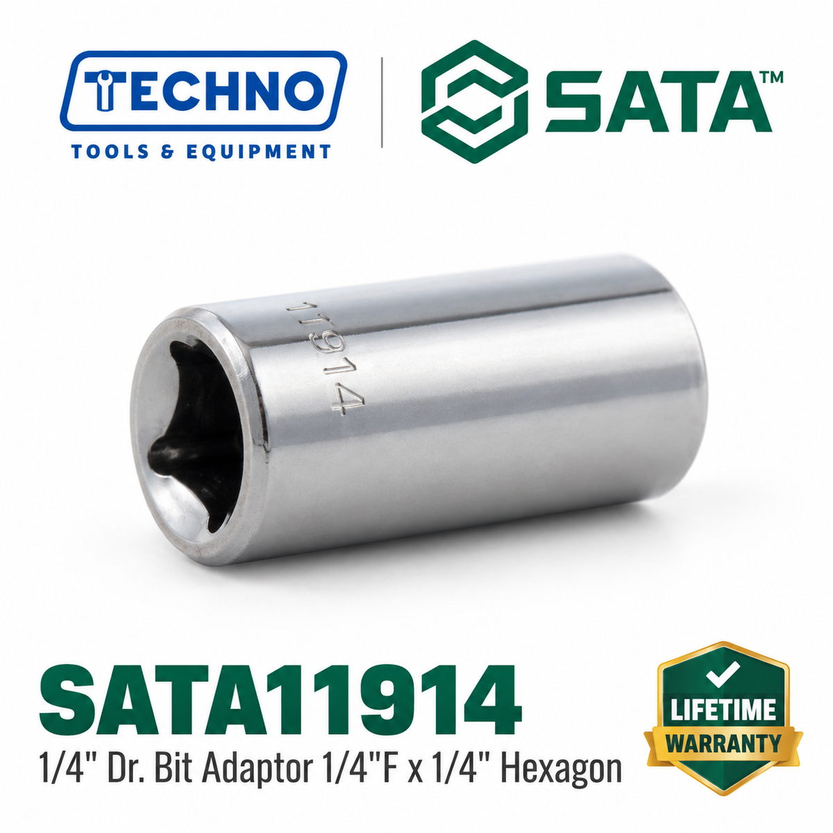 SATA11914 1/4" Dr. bit coupler, 1/4"F x 1/4" hexagon shank. Use standard hex bits with your 1/4" drive ratchet. Lifetime warranty.