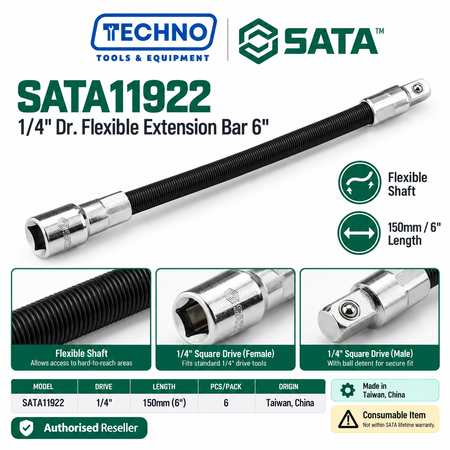 SATA11922 1/4" Dr. flexible extension bar (flex shaft), 6" length. Bends around obstacles to reach tough spots. Consumable item.