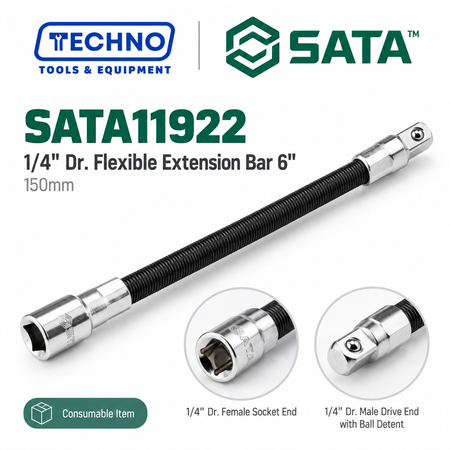 SATA11922 1/4" Dr. flexible extension bar (flex shaft), 6" length. Bends around obstacles to reach tough spots. Consumable item.
