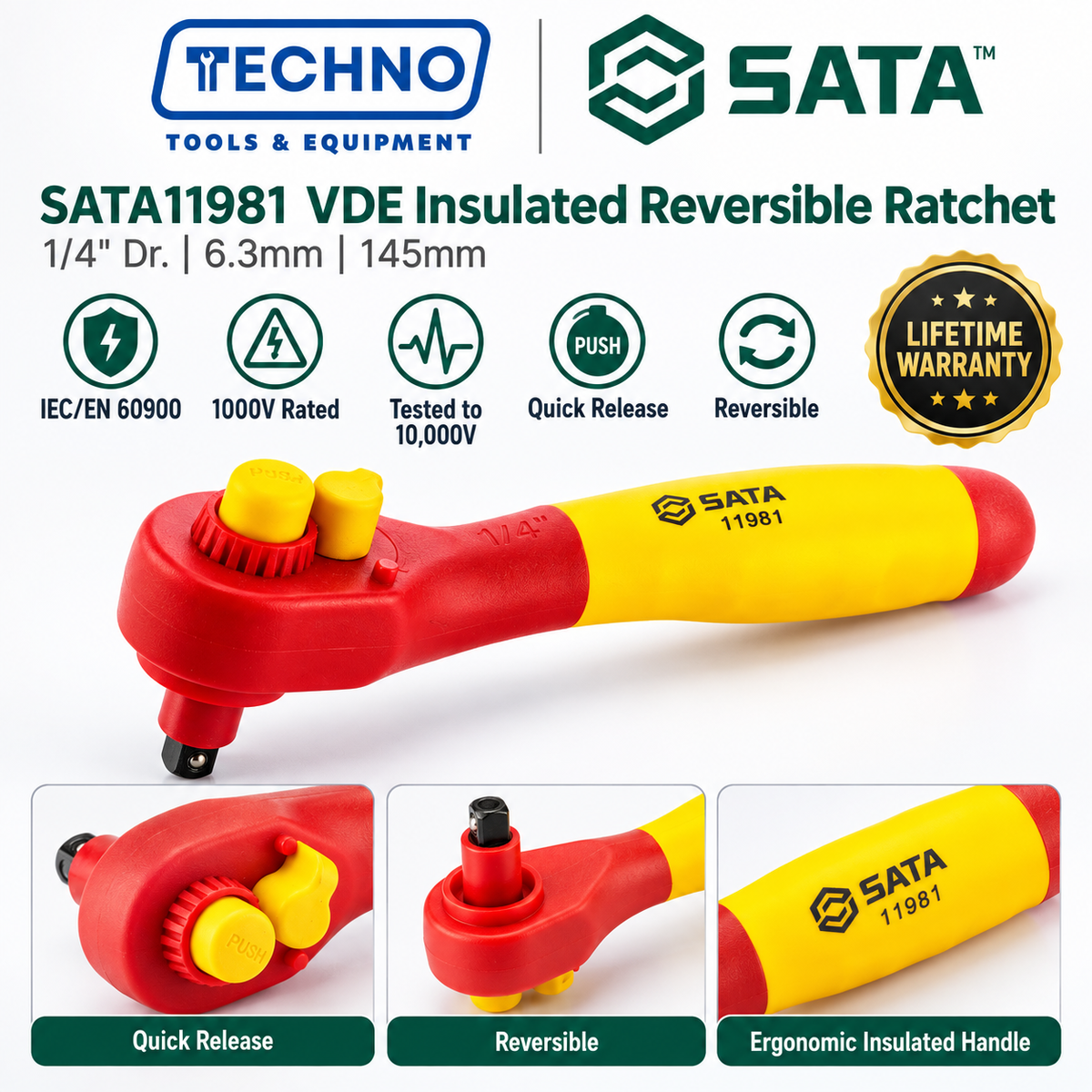 SATA11981 1/4" Dr. VDE insulated reversible ratchet, 145mm. Tested to 10,000V, IEC/EN 60900 certified, one-hand quick-release. Shop now.