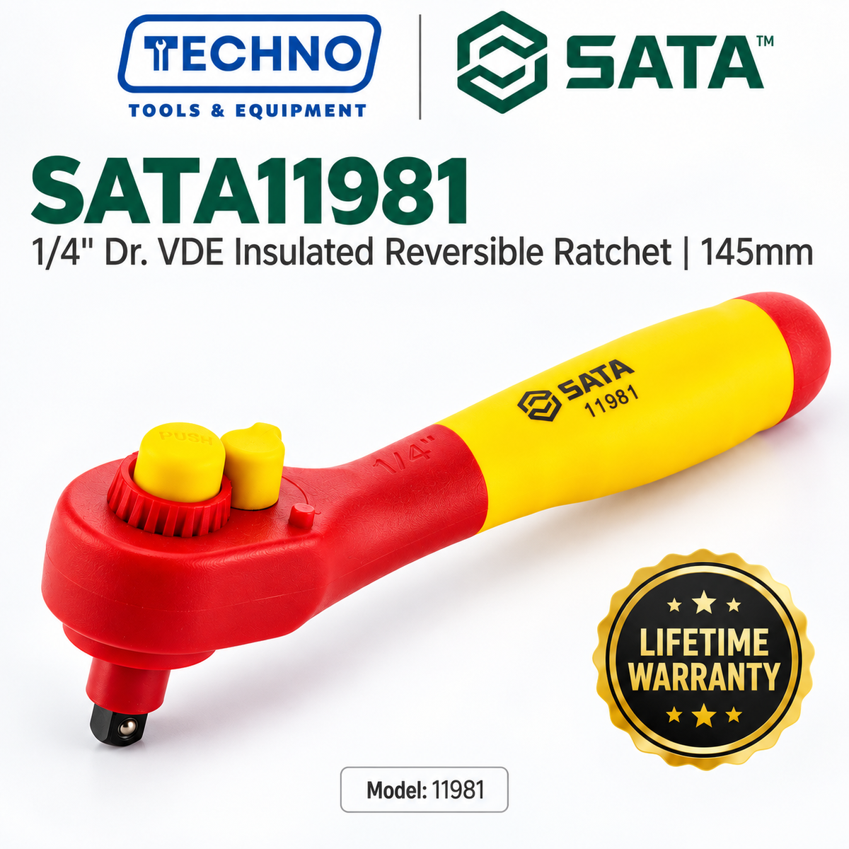 SATA11981 1/4" Dr. VDE insulated reversible ratchet, 145mm. Tested to 10,000V, IEC/EN 60900 certified, one-hand quick-release. Shop now.