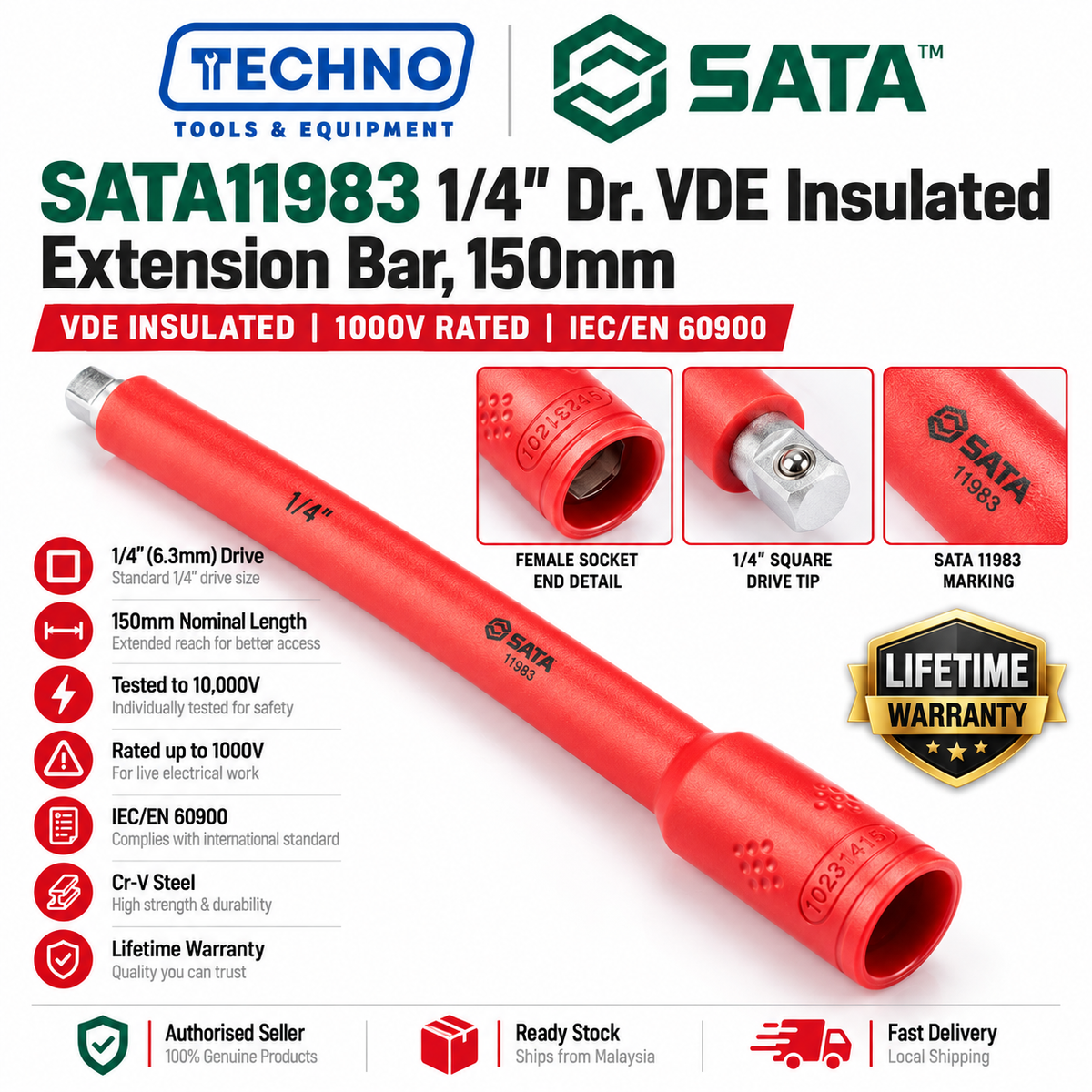 SATA11983 1/4" Dr. VDE insulated extension bar, 150mm. Cr-V steel, tested to 10,000V, IEC/EN 60900 certified. Shop online now.