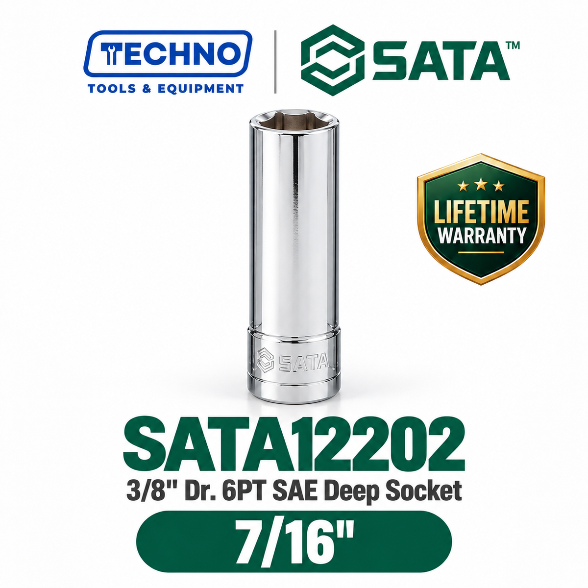 Shop SATA12201-12209 3/8" Dr. 6-point SAE deep sockets, sizes 3/8" to 7/8". Reach recessed fasteners, hand-tool use only. Lifetime warranty. 9 sizes available.