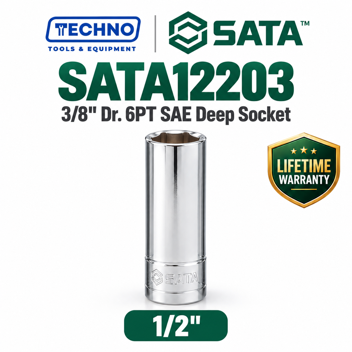 Shop SATA12201-12209 3/8" Dr. 6-point SAE deep sockets, sizes 3/8" to 7/8". Reach recessed fasteners, hand-tool use only. Lifetime warranty. 9 sizes available.