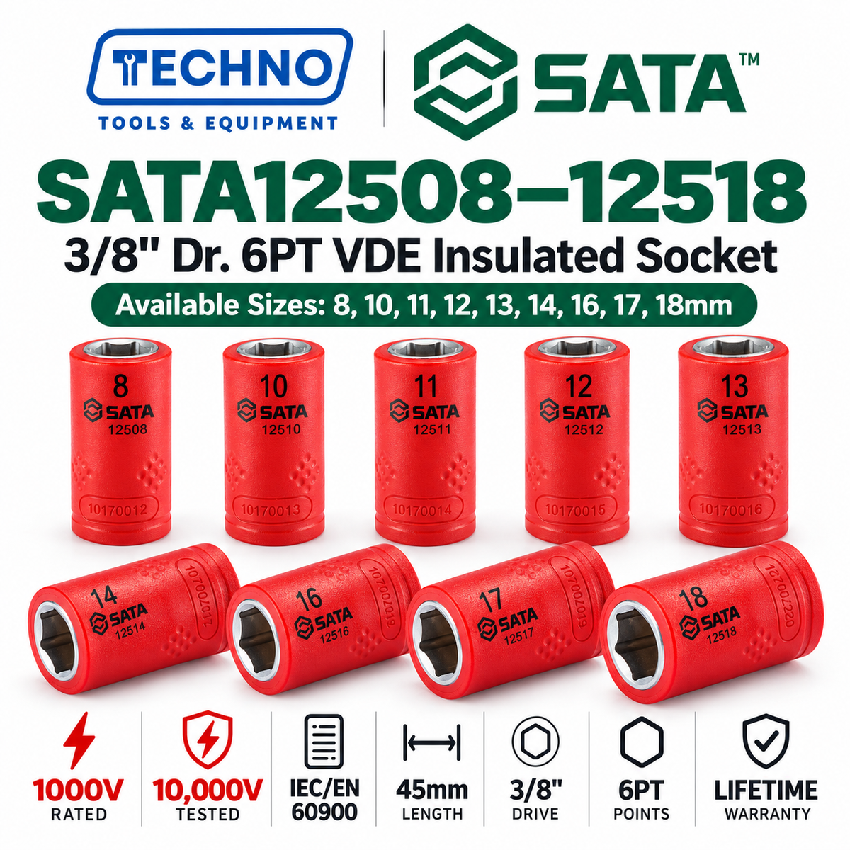 Shop SATA 3/8" Dr. 6-point VDE insulated sockets, 8-18mm. Certified to 10,000V, IEC/EN 60900. Cr-V steel, lifetime warranty.