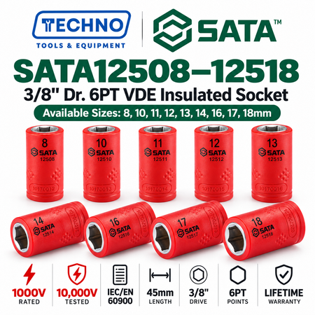 Shop SATA 3/8" Dr. 6-point VDE insulated sockets, 8-18mm. Certified to 10,000V, IEC/EN 60900. Cr-V steel, lifetime warranty.