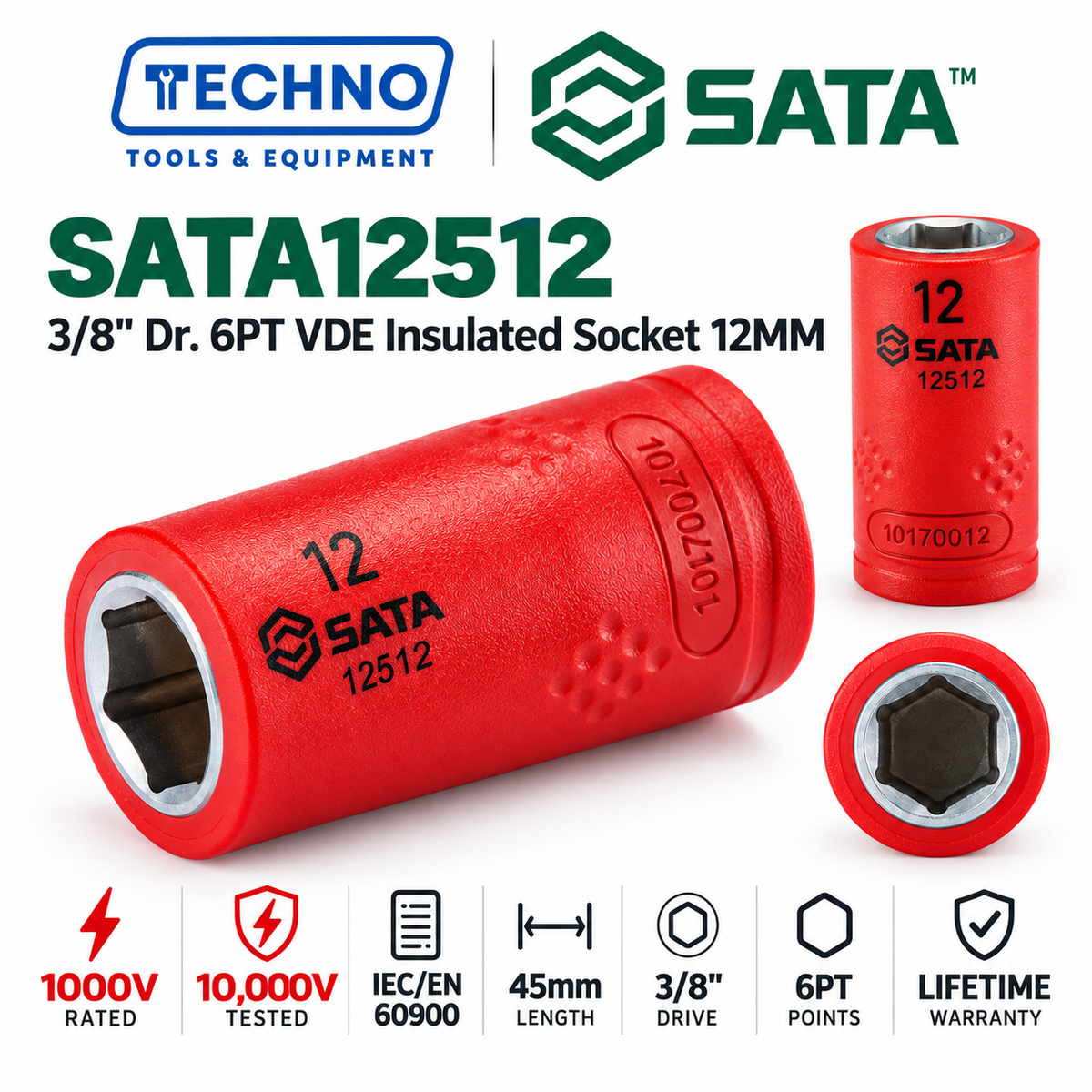 Shop SATA 3/8" Dr. 6-point VDE insulated sockets, 8-18mm. Certified to 10,000V, IEC/EN 60900. Cr-V steel, lifetime warranty.