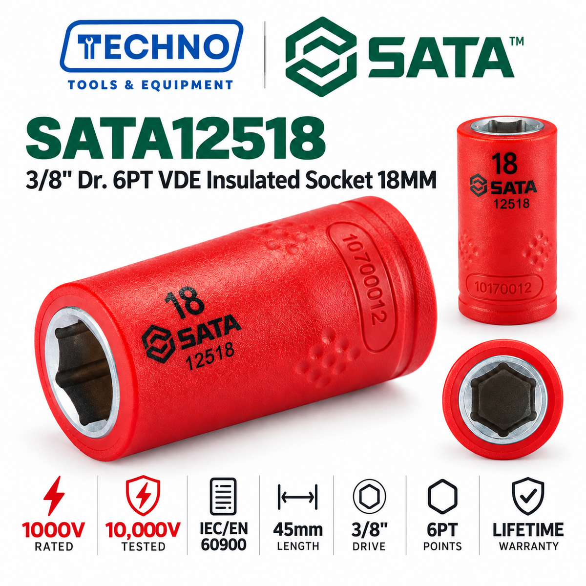 Shop SATA 3/8" Dr. 6-point VDE insulated sockets, 8-18mm. Certified to 10,000V, IEC/EN 60900. Cr-V steel, lifetime warranty.