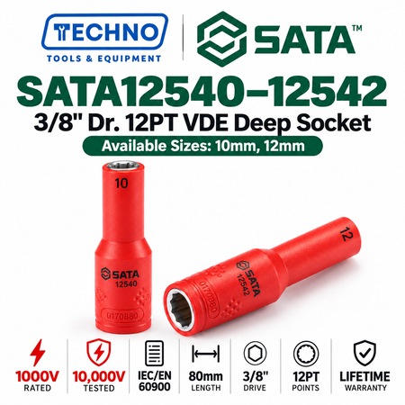 Shop SATA 3/8" Dr. 12-point VDE insulated deep sockets, 10-12mm. Certified to 10,000V, IEC/EN 60900. Cr-V steel, lifetime warranty.