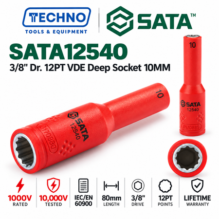 Shop SATA 3/8" Dr. 12-point VDE insulated deep sockets, 10-12mm. Certified to 10,000V, IEC/EN 60900. Cr-V steel, lifetime warranty.
