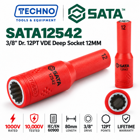 Shop SATA 3/8" Dr. 12-point VDE insulated deep sockets, 10-12mm. Certified to 10,000V, IEC/EN 60900. Cr-V steel, lifetime warranty.