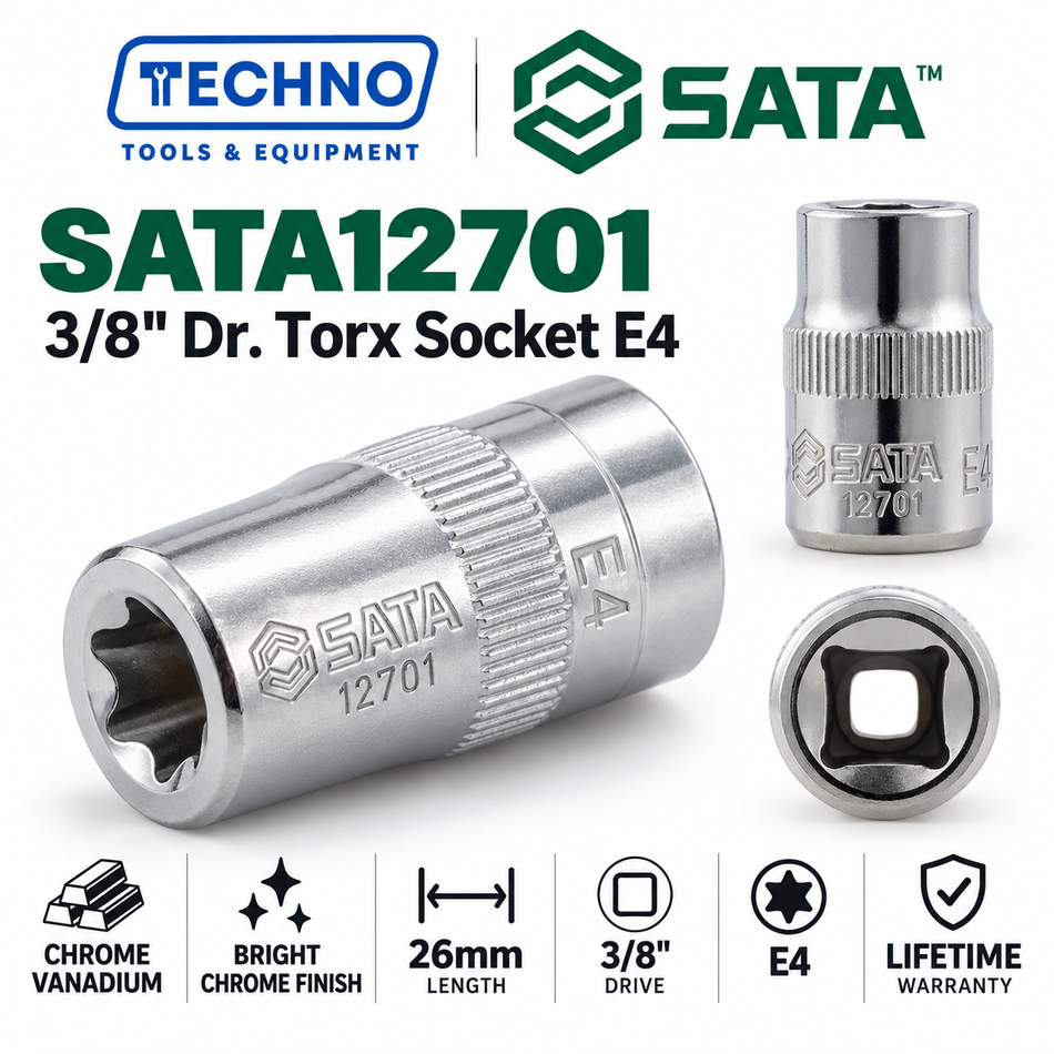 Shop SATA 3/8" Dr. E-Torx sockets, E4 to E20. Chrome vanadium steel, precision-machined, lifetime warranty. 12 sizes available.