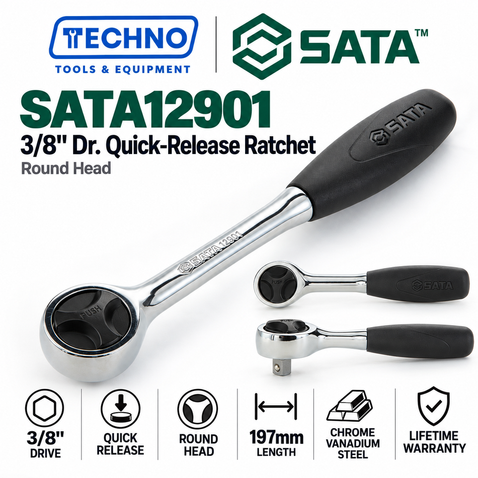 SATA12901 3/8" drive quick-release ratchet, 8" round head. One-hand reverse, chrome vanadium steel, lifetime warranty.