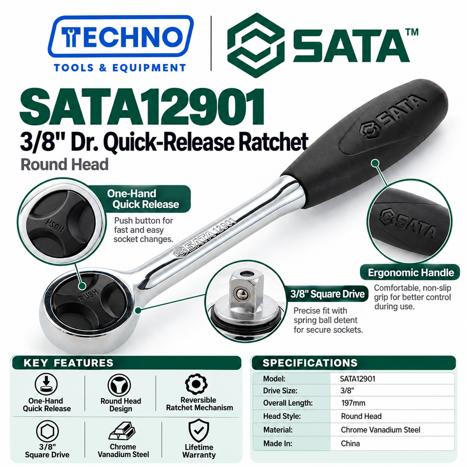 SATA12901 3/8" drive quick-release ratchet, 8" round head. One-hand reverse, chrome vanadium steel, lifetime warranty.