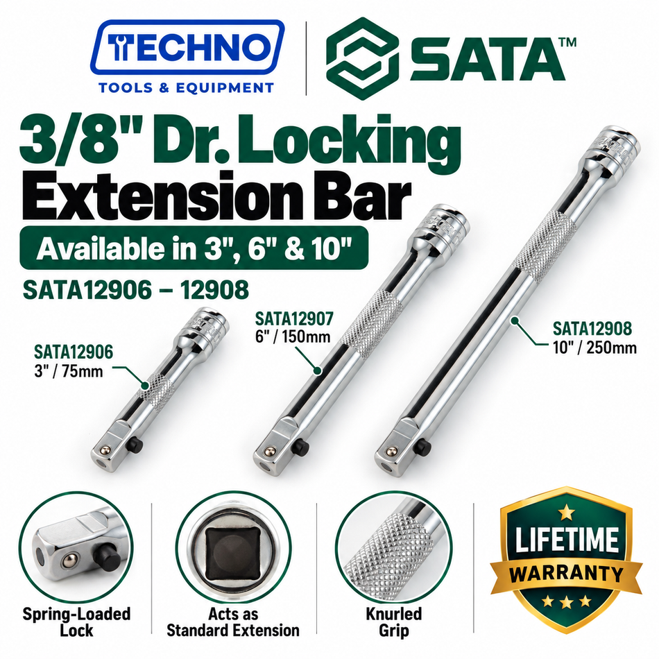 Shop SATA 3/8" Dr. locking extension bars, 3", 6", 10" lengths. One-hand locking pin, chrome vanadium steel, lifetime warranty.