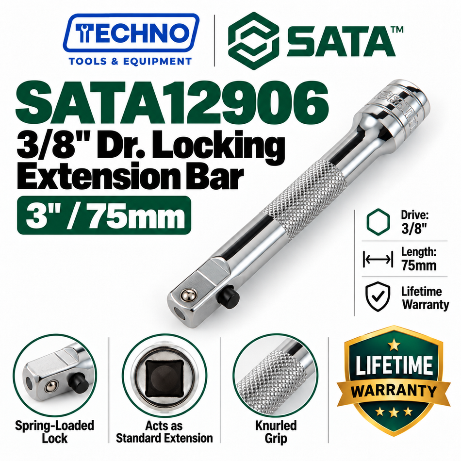 Shop SATA 3/8" Dr. locking extension bars, 3", 6", 10" lengths. One-hand locking pin, chrome vanadium steel, lifetime warranty.