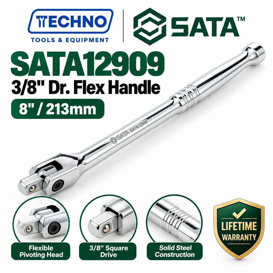 SATA12909 3/8" drive flex handle, 8". Pivoting head for high-torque breakaway. Chrome vanadium steel, lifetime warranty.