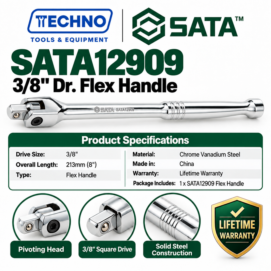SATA12909 3/8" drive flex handle, 8". Pivoting head for high-torque breakaway. Chrome vanadium steel, lifetime warranty.