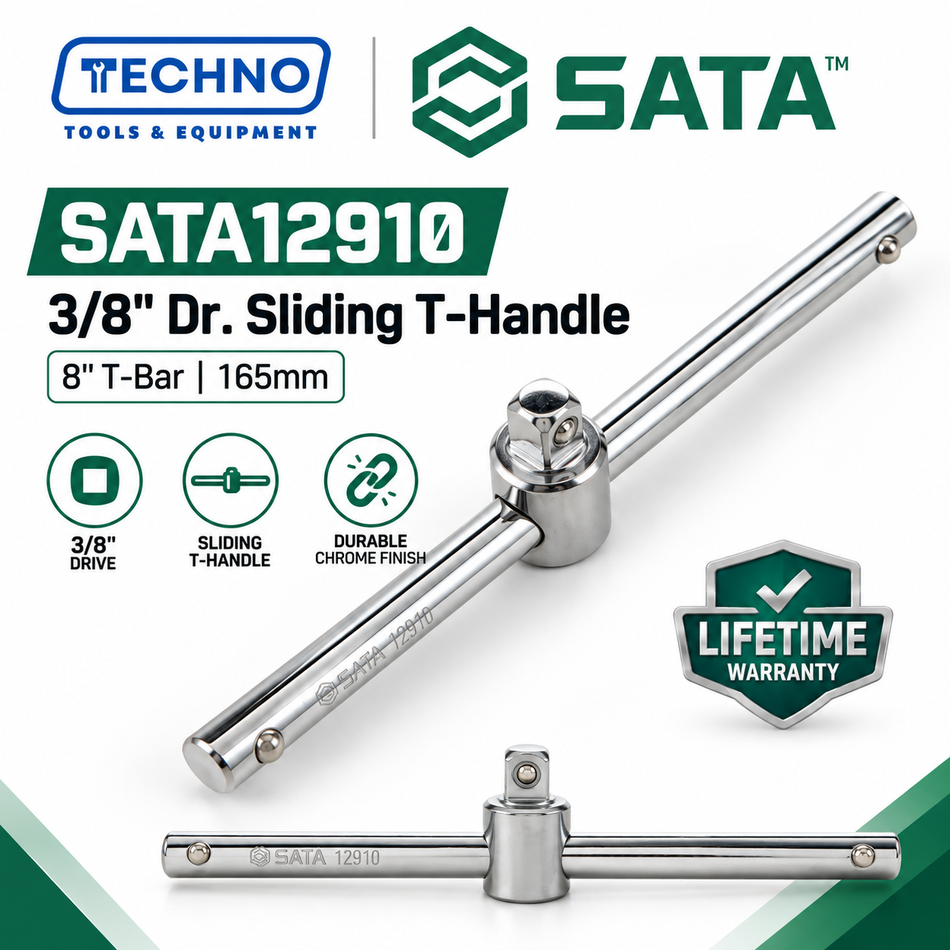 SATA12910 3/8" drive sliding T-handle, 8". Slides for T-bar or inline use. Chrome vanadium steel, lifetime warranty.