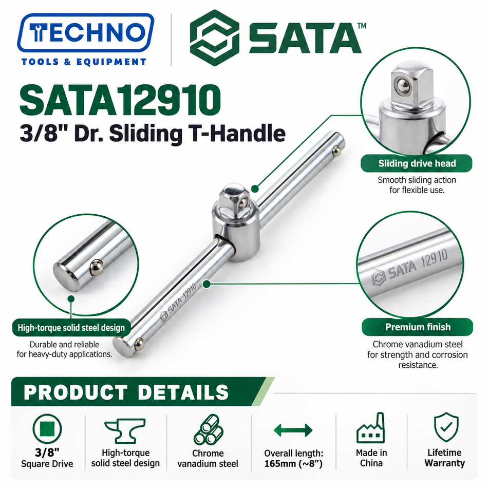 SATA12910 3/8" drive sliding T-handle, 8". Slides for T-bar or inline use. Chrome vanadium steel, lifetime warranty.
