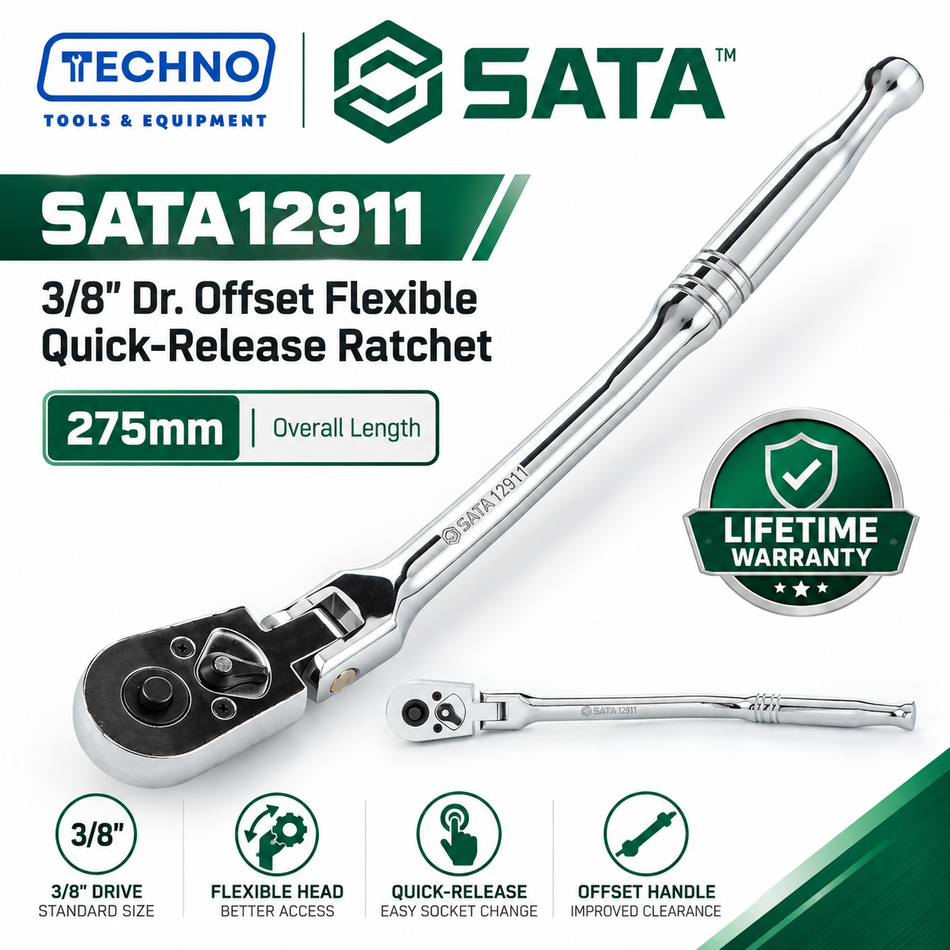 SATA12911 3/8" drive offset flex-head ratchet. One-hand quick-release, pivoting head, chrome vanadium, lifetime warranty.