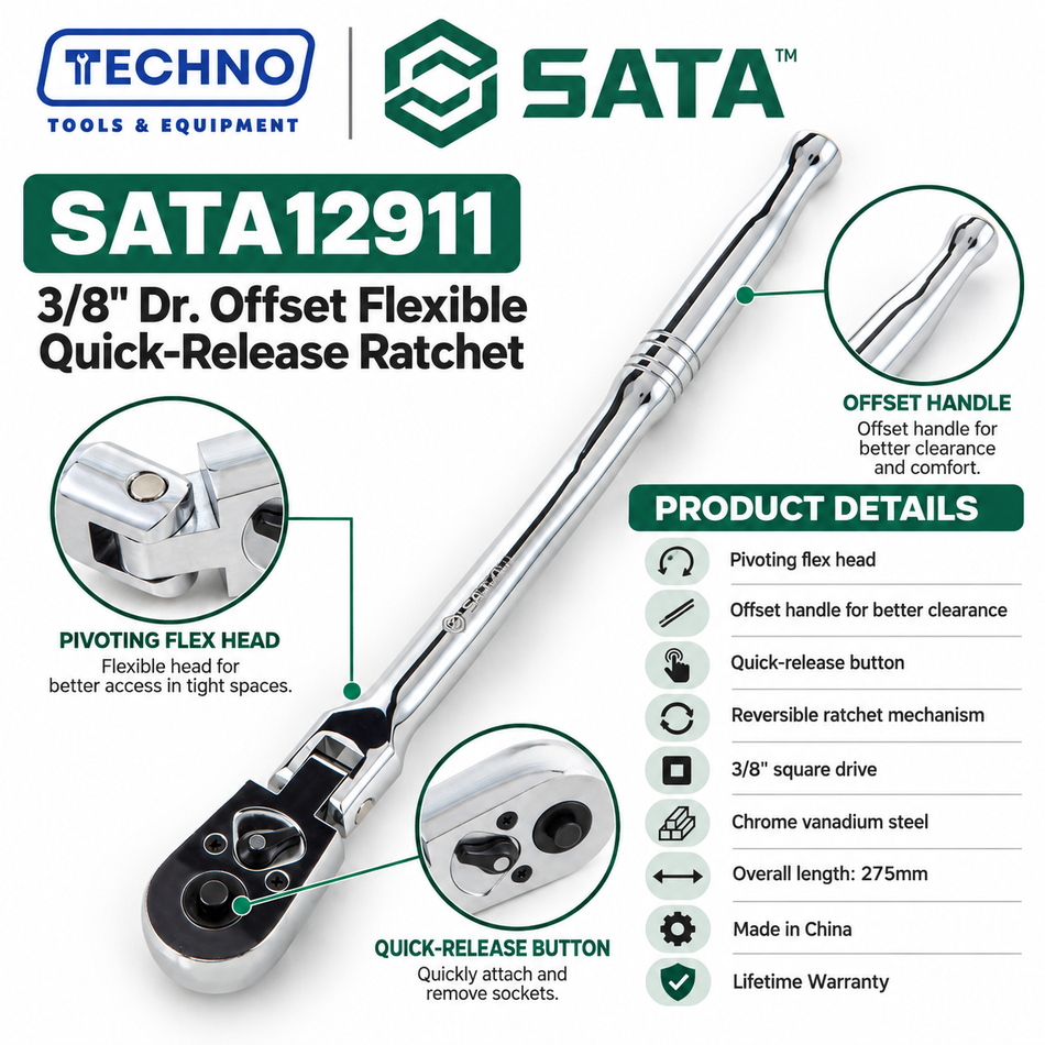 SATA12911 3/8" drive offset flex-head ratchet. One-hand quick-release, pivoting head, chrome vanadium, lifetime warranty.