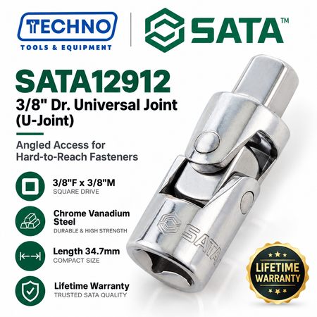 SATA12912 3/8" drive universal joint. Pivots for angled access, 3/8"Fx3/8"M, chrome vanadium steel, lifetime warranty.