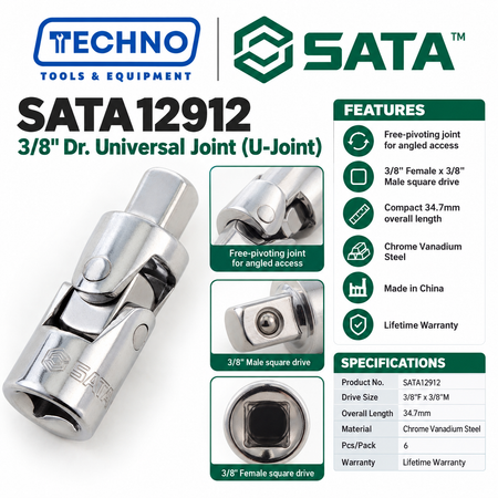 SATA12912 3/8" drive universal joint. Pivots for angled access, 3/8"Fx3/8"M, chrome vanadium steel, lifetime warranty.