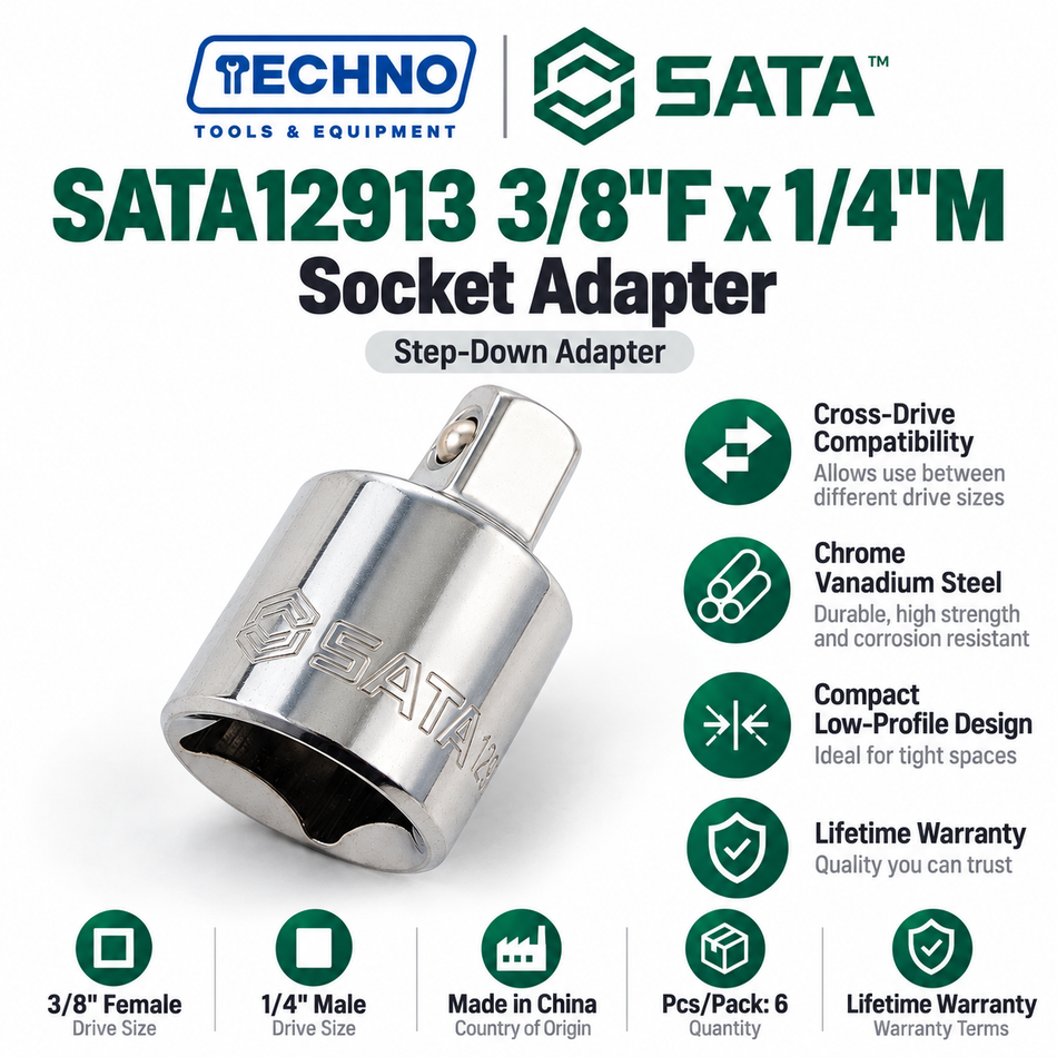 Shop SATA 3/8" drive socket adapters: step down to 1/4" or up to 1/2". Chrome vanadium steel, lifetime warranty.