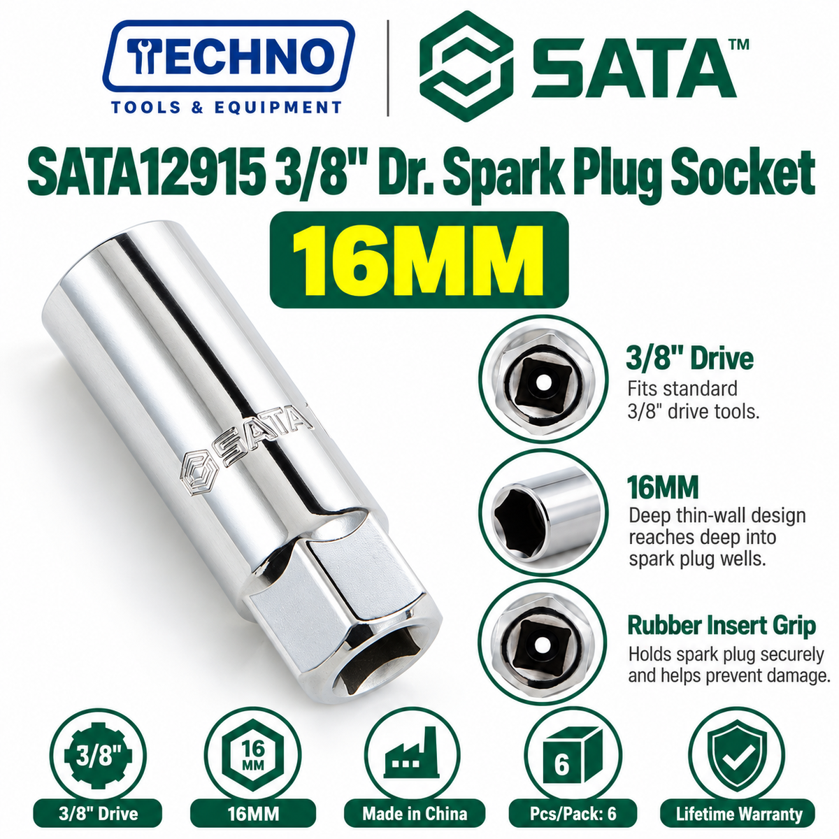 Shop SATA 3/8" Dr. spark plug sockets, 16mm & 21mm. Rubber insert protects the boot. Chrome vanadium, lifetime warranty.