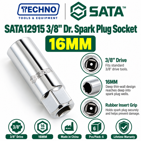 Shop SATA 3/8" Dr. spark plug sockets, 16mm & 21mm. Rubber insert protects the boot. Chrome vanadium, lifetime warranty.