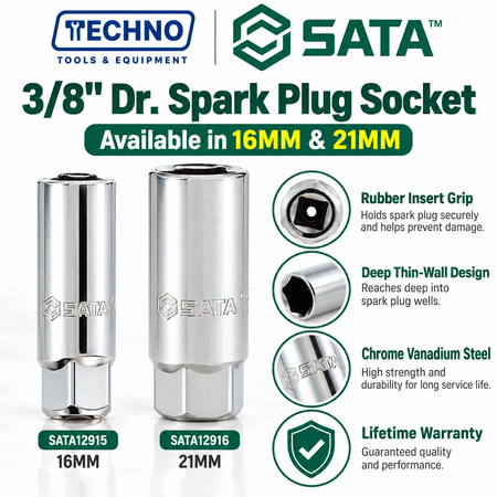 Shop SATA 3/8" Dr. spark plug sockets, 16mm & 21mm. Rubber insert protects the boot. Chrome vanadium, lifetime warranty.