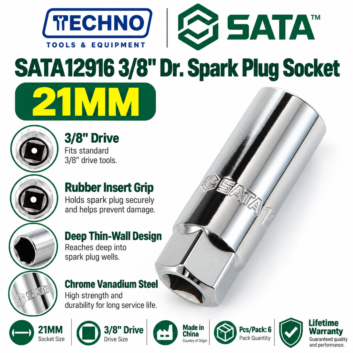 Shop SATA 3/8" Dr. spark plug sockets, 16mm & 21mm. Rubber insert protects the boot. Chrome vanadium, lifetime warranty.