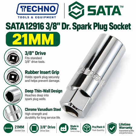 Shop SATA 3/8" Dr. spark plug sockets, 16mm & 21mm. Rubber insert protects the boot. Chrome vanadium, lifetime warranty.