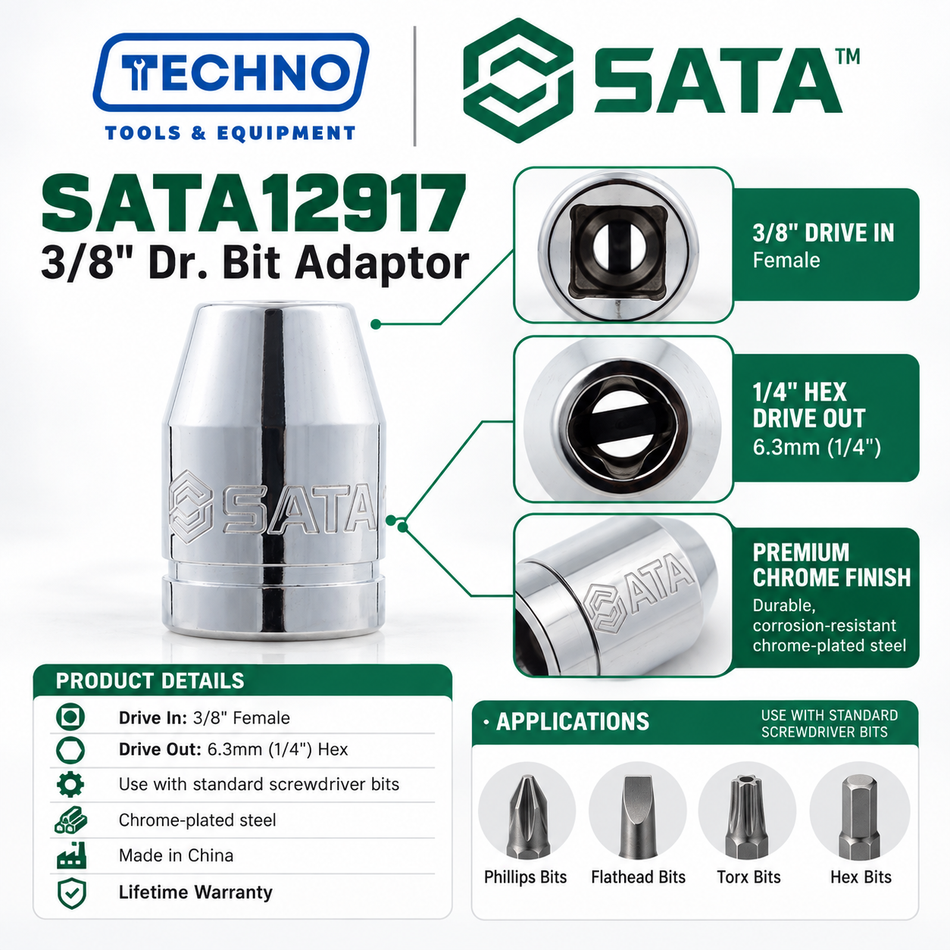 SATA12917 3/8" drive to 1/4" hex bit adaptor. Runs screwdriver bits off a 3/8" ratchet. Lifetime warranty.