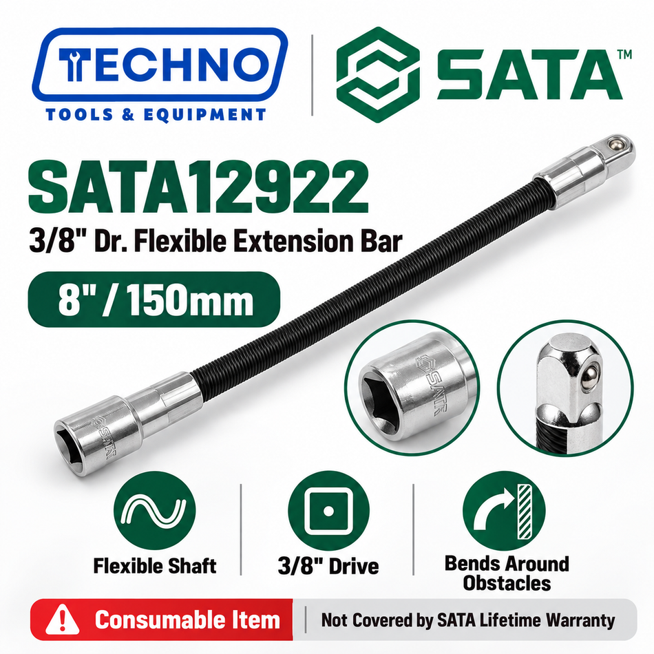 SATA12922 3/8" drive flexible extension bar, 8". Bends around obstacles to reach hidden fasteners. Consumable item.