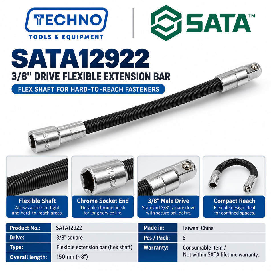 SATA12922 3/8" drive flexible extension bar, 8". Bends around obstacles to reach hidden fasteners. Consumable item.